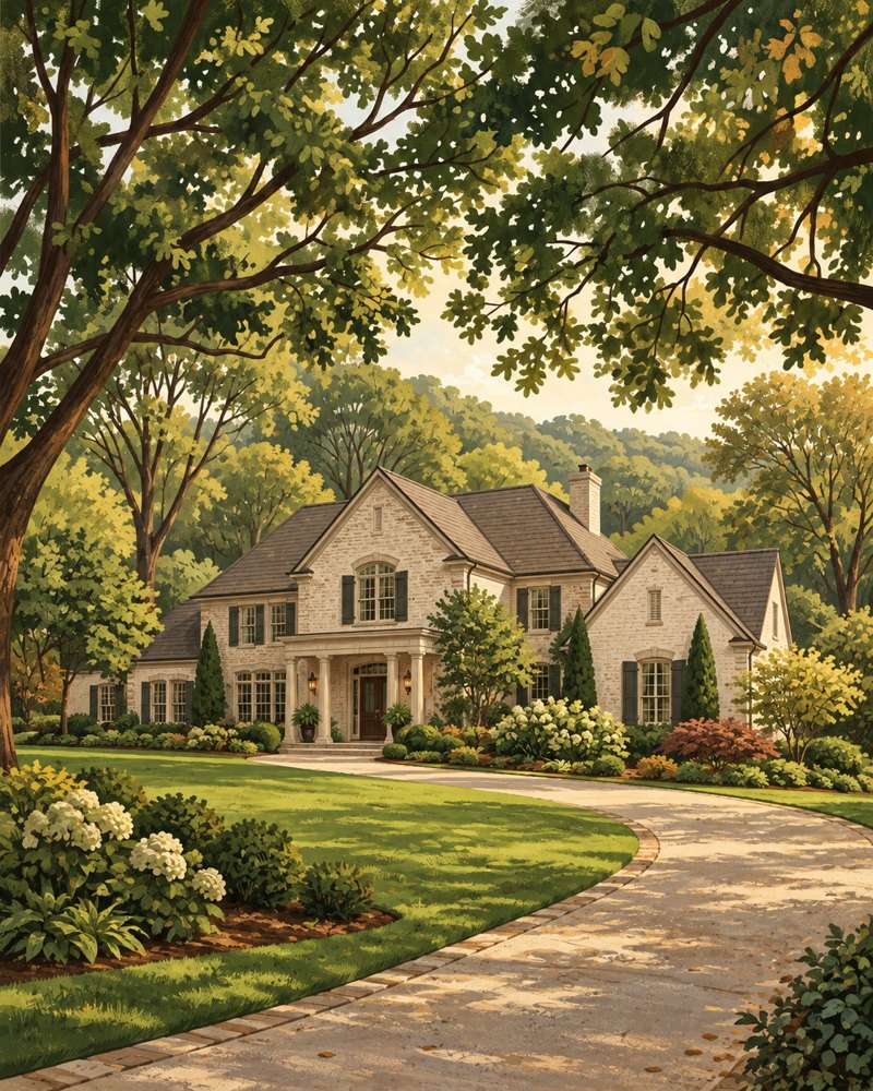 Painted Brentwood estate home under mature oak trees