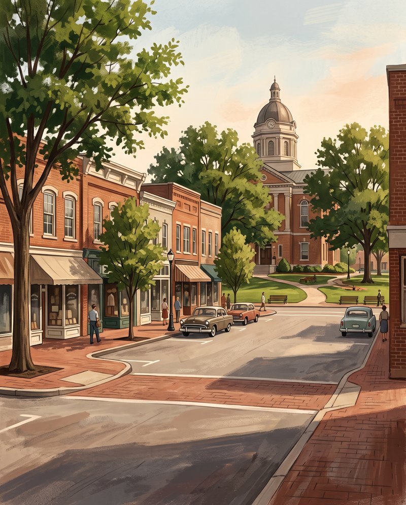 Painted historic Murfreesboro town square with brick storefronts and courthouse