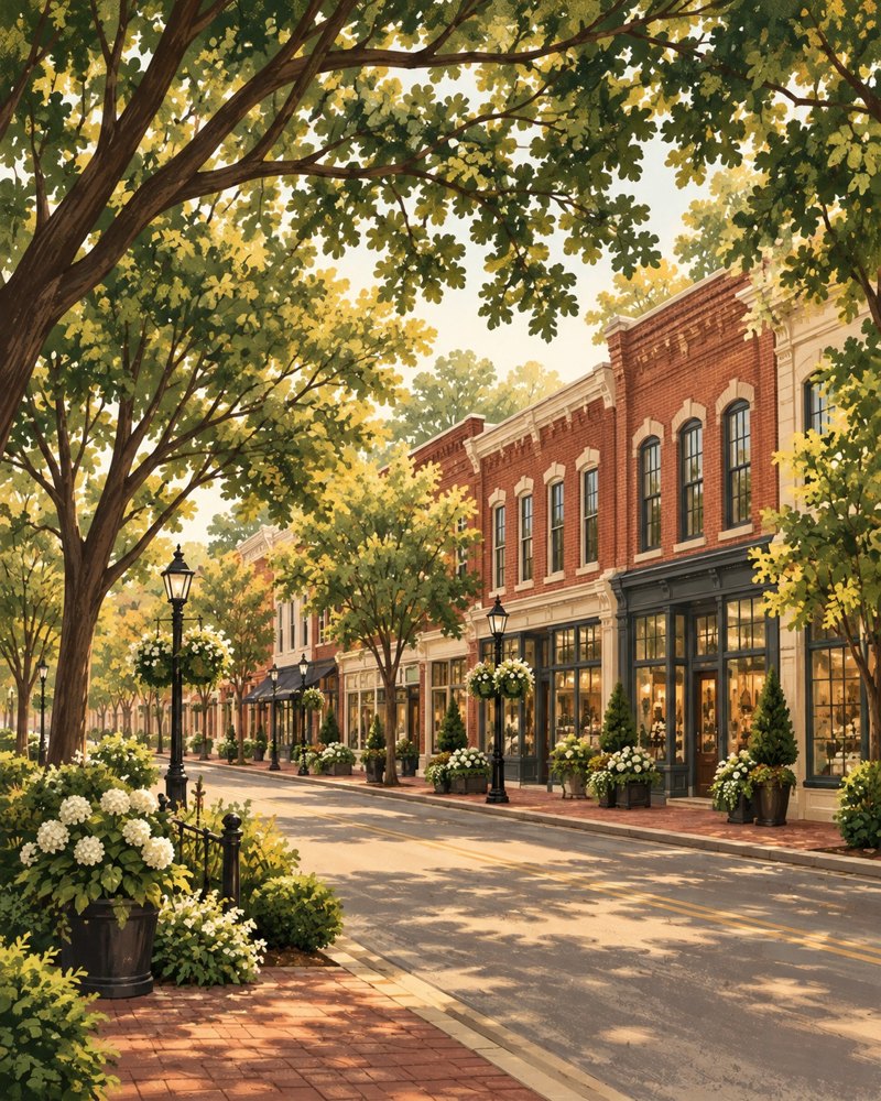 Painted historic brick main street with shops and lampposts