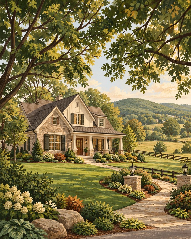 Painted stone cottage with a porch beside rolling hills