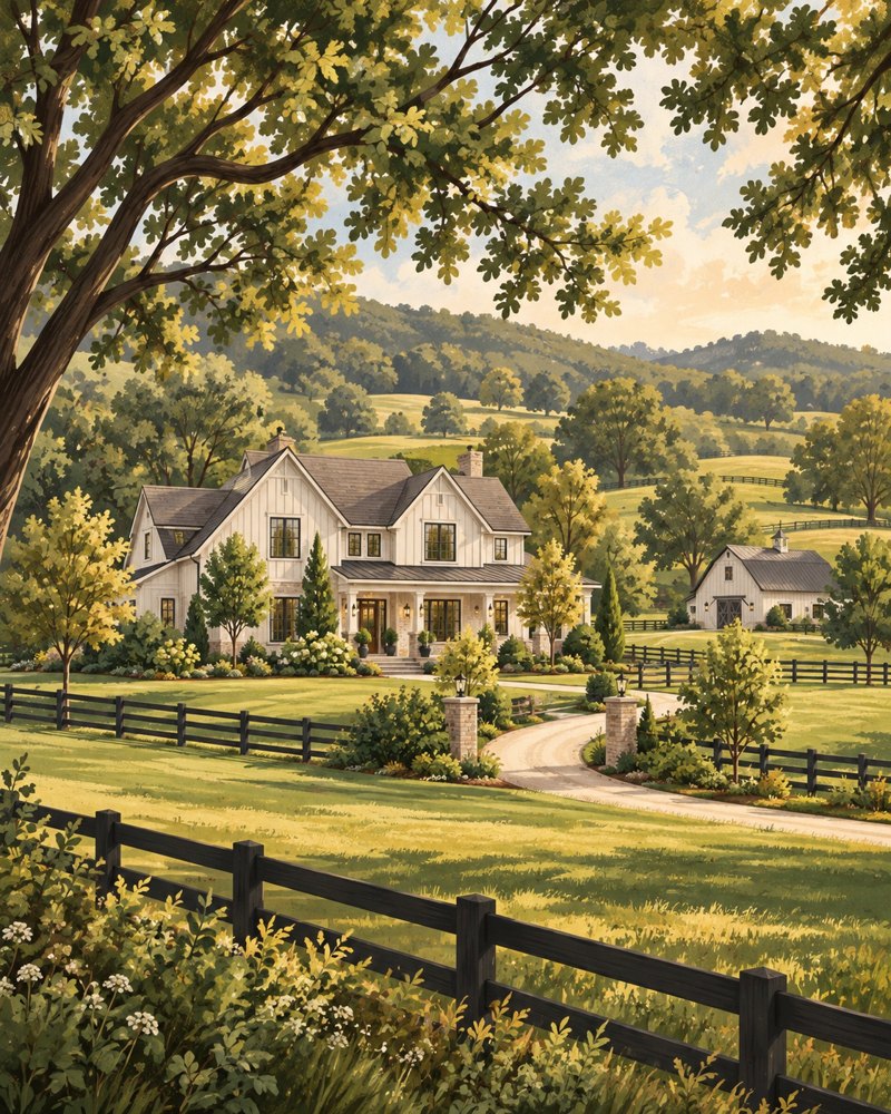 Painted white farmhouse and barn among fenced pastures