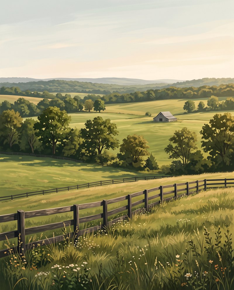 Painted Franklin countryside with a barn and wooden fence