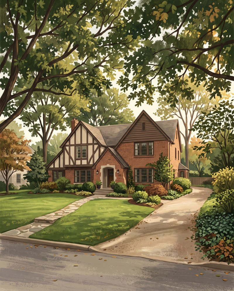 Painted brick Tudor home on a tree-lined Nashville street