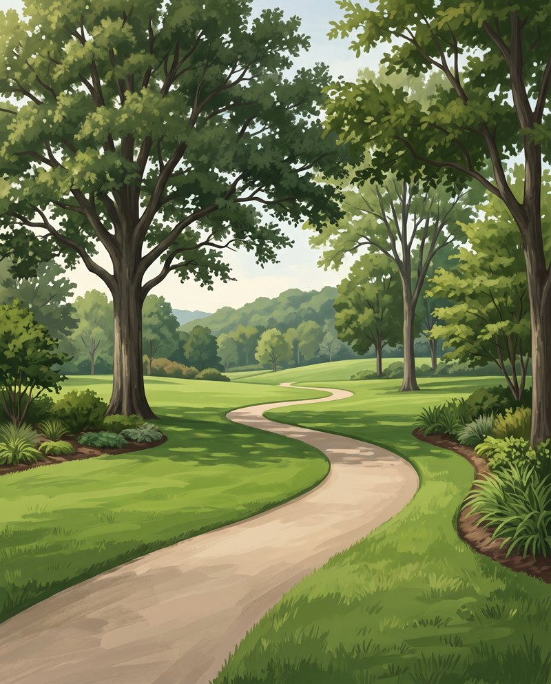 Painted tree-lined path through rolling green lawns