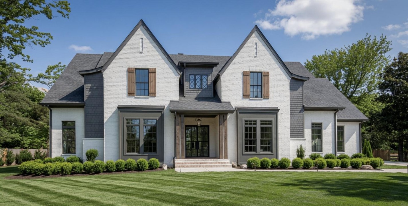 White-brick Middle Tennessee home with cedar shutters and a manicured front lawn
