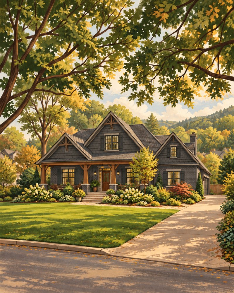 Painted craftsman home with a covered porch under autumn trees